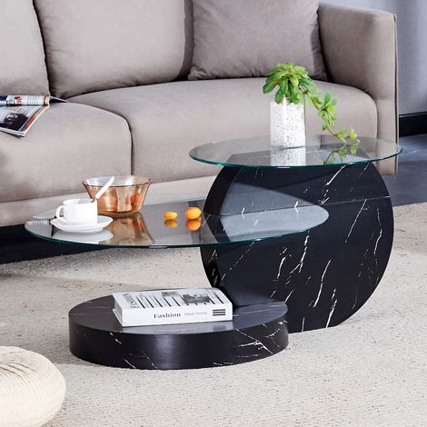 Table basse 69.8x69.8 cm noire en verre trempé et MDF avec double plateau (1/5)