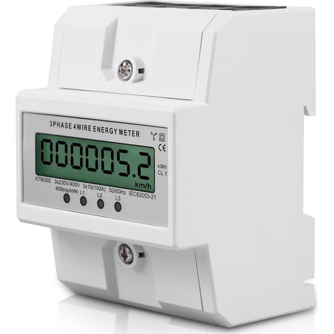 Compteur d'électricité triphasé, compteur triphasé 100 A, compteur d'électricité calibré avec affichage LCD, compteur d'électricité numérique 50/60 Hz, triphasé, 4 fils, pour rail DIN, sous-compteur (1/5)