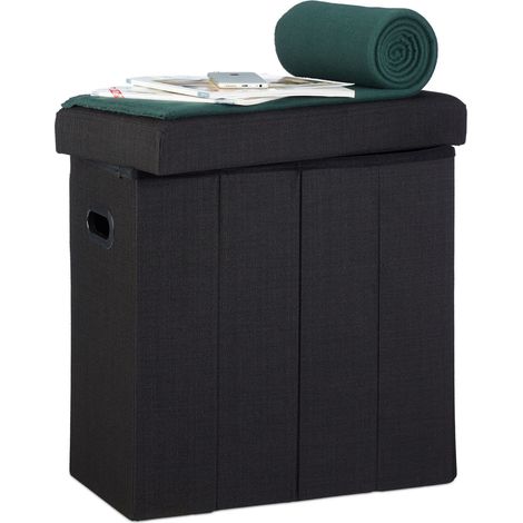 Relaxdays Foldable Stool, HxWxD: 49.5 x 46 x 25.5 cm, with storage space, handles, linen, polyester, MDF, black