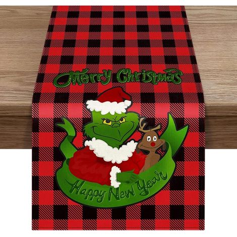 Tischläufer aus Leinen, dekorative Tischdecke mit Grinch-Weihnachtsmotiv, grün, 33 x 183 cm, winterliche Tischdekoration