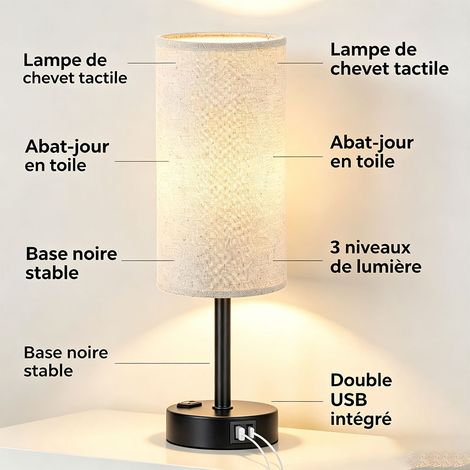 Lampe de chevet moderne noire avec abat-jour en toile de lin, variateur 3 positions, double USB, ampoule tactile comprise, 39 x 12 cm - Noir (1/5)