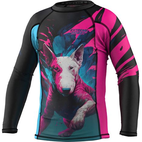 Langarm-Rashguard für Kinder, leuchtendes Bullterrier-Motiv, Schwarz, Größe 152