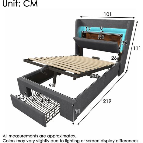 Lit rembourré 90x200 cm avec rangement hydraulique et tête de lit avec compartiment de rangement, éclairage LED et connexion USB & USB-C, cadre de lit à lattes en bois, gris, en lin, sans matelas (1/5)