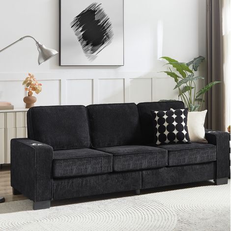 Canapé 3 places 206x72x86 cm en tissu noir, avec porte-gobelets, salon moderne FloraGrace (1/5)