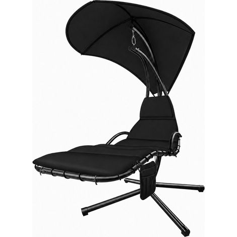 Sdraio A Dondolo Con Ombrellone Parasole Integrato E Cuscino Imbottito Ergonomica Amaca Da Giardino In Acciaio E Poliestere Per Esterno Terrazzo Bordo Piscina 195 x 132 x 197 Cm Nero (1/5)
