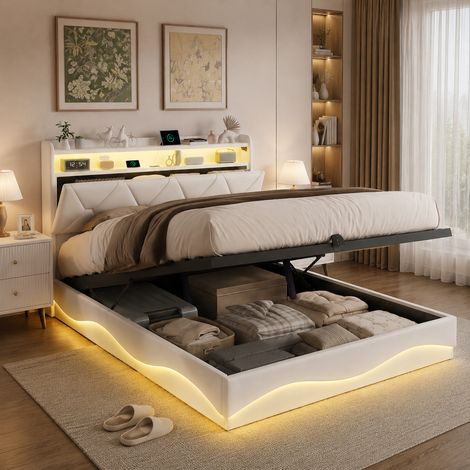 Lit double 140×200cm avec lumière LED, lit capitonné avec ports USB et Type-C, lit coffre avec espace de rangement，Sommier à lattes, lit adulte, lit ados，Velours, Beige (1/5)