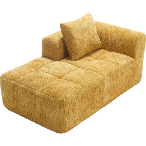 Sofa Chaise Longue Jaune en Chenille avec Poches Latérales et Coussin (1/5)