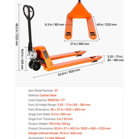 VEVOR Pallet Jack, 3T Load Capacity, Manual Pallet Truck with 122L x 68.6W cm Forks for Material Handling, 85-180 mm Fork Lift Height Range, Suitable for Warehouse, Supermarket, Manufacturing (1/4)