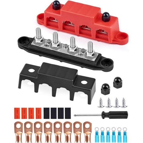 Barre de distribution 12V-48V DC BusBar 250A avec 4 x M8 boulons – Housse ignifuge – Plaque laiton nickelé pour conductivité – Pour véhicules et panneaux solaires (1/5)