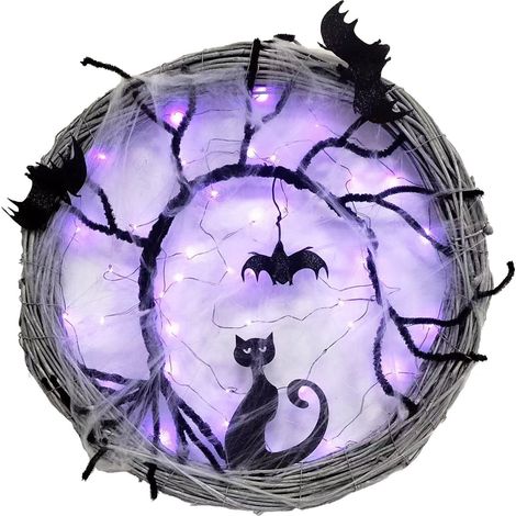 Guirlande Halloween - Couronne En Vigne Avec Chauves-Souris Et Chats Noirs - Éclairage Violet - 45 Cm - Pour Intérieur Et Extérieur - 1 Pièce (1/5)