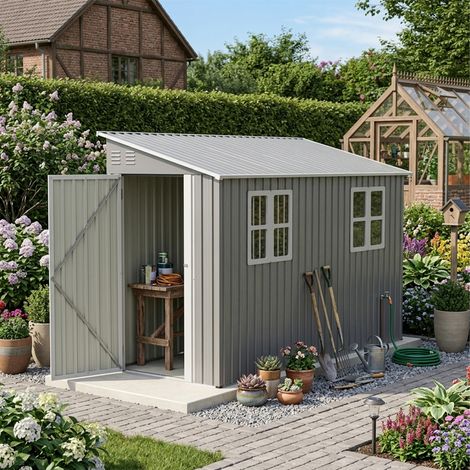 Abri de jardin en métal 291 x 110,8 x 188,6 cm,gris,porte verrouillable,ventilation intégrée,avec fenêtre,fondation incluse,plancher inclus,solution de stockage pour jardin,terrasse et cour (1/5)
