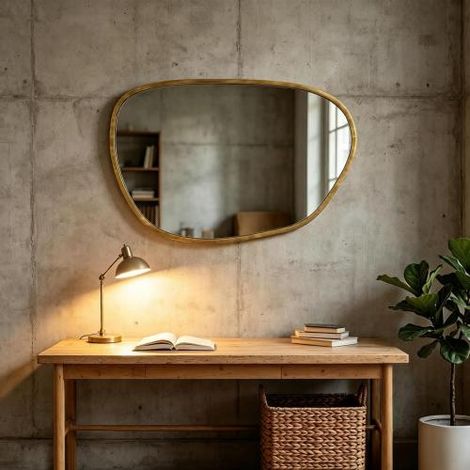 Miroir décoratif mural asymétrique 90x60cm en verre trempé cadre bois naturel pour salle de bain salon chambre couloir (1/5)