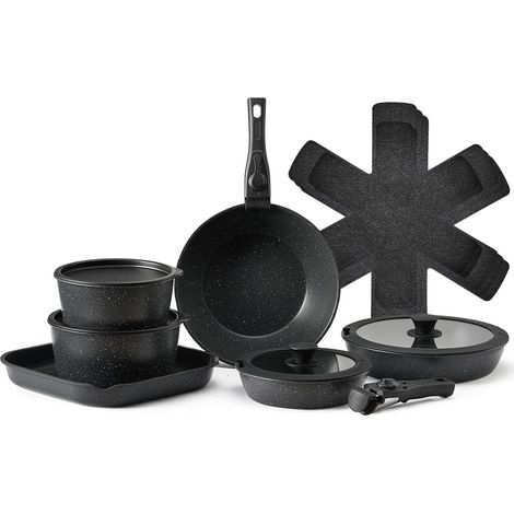 Batterie de cuisine, 17 pcs, ensemble de casseroles et poêles à induction avec revêtement anti-adhésif, poignée amovible et couvercles en verre trempé, passe au four, pour camping-car, noir (1/5)