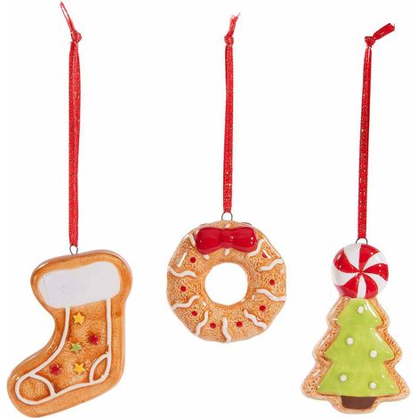 Addobbo di Natale biscottini pan di zenzero in ceramica colorata da appendere, set da 9 pezzi, Alberello: cm 4,5 x 2 x 7 H