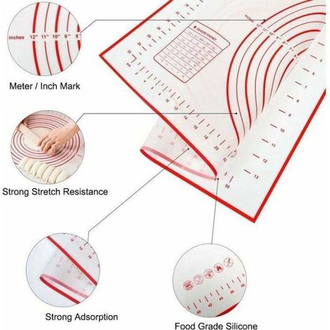 Tapis de Cuisson en Silicone Anti-adhésif Tapis de Pate avec Mesures (Rouge,60 x 40 cm) Étiquette (1/4)
