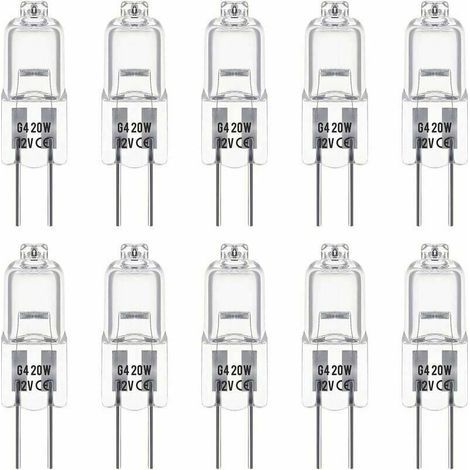 Paquete de 10 bombillas halógenas G4 de 12 V y 20 W. Estas bombillas emiten una luz blanca cálida de 3000 K con un brillo de 350 lúmenes. Son regulables y tienen un aspecto transparente. (1/4)