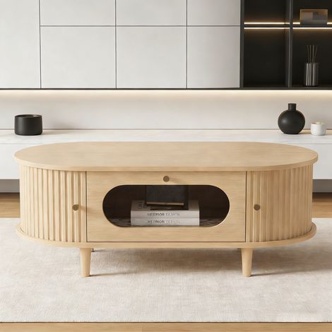 Couchtisch 100x50x36 cm Holzoptik – Schublade, Schiebetür & 4 Beine (1/5)