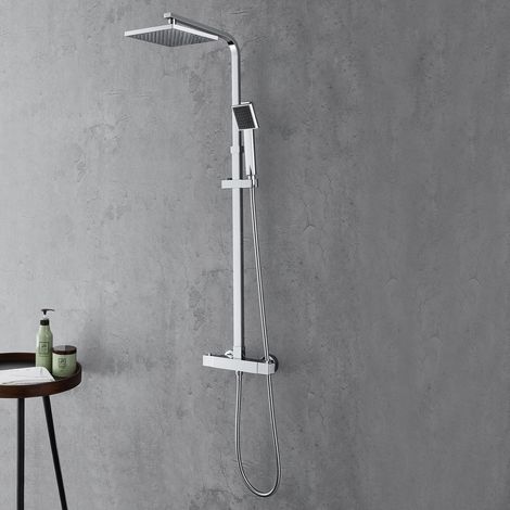 Auralum Termostática Columna de Ducha, Conjunto de Ducha con Termostática Mezclador en Latón, Sistema de Ducha con Rociadores de ducha y Teleducha, Altura Ajustable 92,5-125cm (1/5)