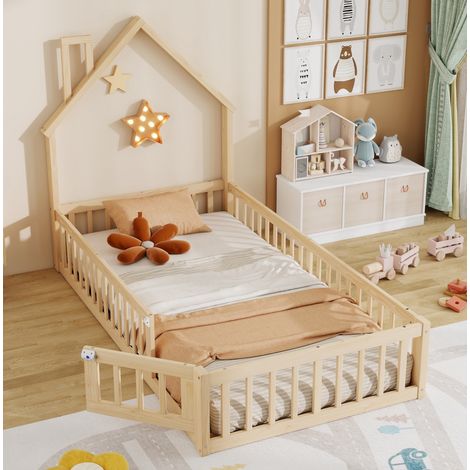 Lit enfant 90 x 200 cm en forme de cheminée, avec sommier à lattes, pin et MDF, naturel HAVRYA (1/5)