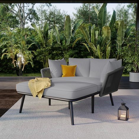 Salon de jardin 2 places avec coussins amovibles gris, canapé et transat pour balcon ou terrasse (1/5)
