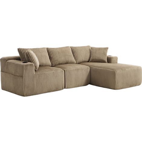Divano angolare modulare 257x160x80 cm in tessuto a coste beige, per soggiorno - CHICFURN (1/5)