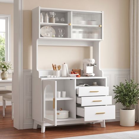 Meuble de rangement haut blanc pour salle à manger, 100,5x40x178 cm, étagères multiples, avec prise et ports USB-C/USB-A intégrés (1/5)