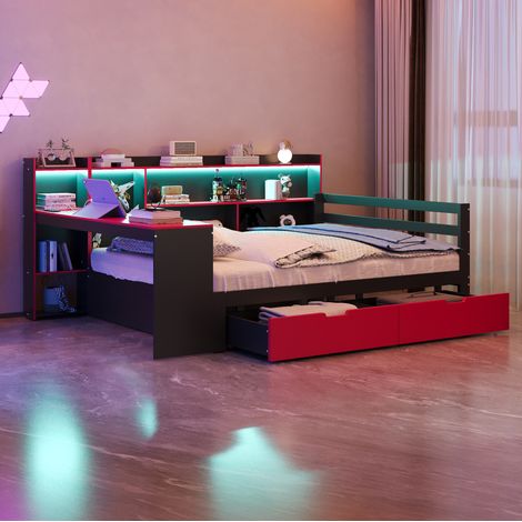REDOM - Lit doubles 140x200 cm avec bureau, étagères, rangements, tiroirs, bois noir et rouge (Sans matelas) (1/5)