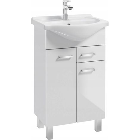 Meuble bas de salle de bain sur pieds avec vasque céramique 50 cm – Blanc brillant – Hauteur 80 cm – Largeur 46 cm – Profondeur 30 cm (1/5)