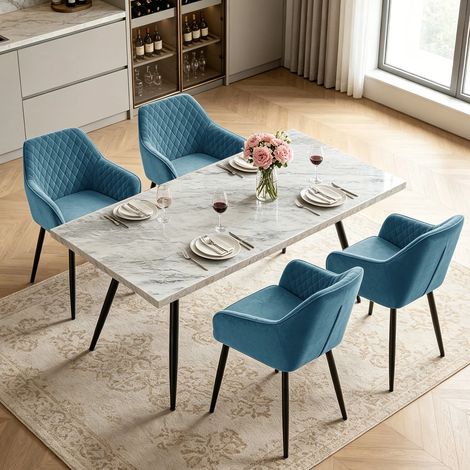 AINPECCA Dining Table and 4 Dining Chairs Set Dining Room Chair Kitchen Home Office(White table+4 Teal velvet chairs)