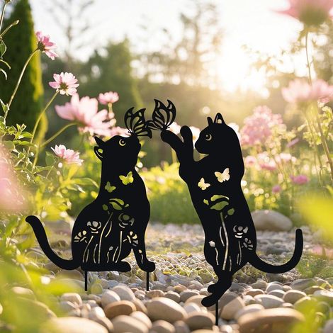 Décoration extérieure en métal représentant un chat - Lot de 2 piquets décoratifs pour jardin, ornements de pelouse, décoration de jardin (1/5)