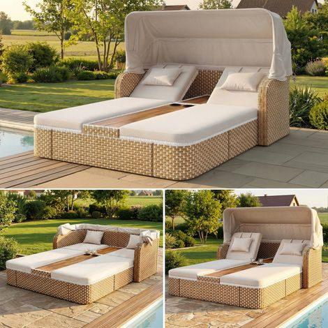 Fauteuil relax jardin 2 places Rotin PE,Canapé soleil avec pare-soleil,Chaise longue jardin  Coussin 5cm déhoussable lavable,Beige