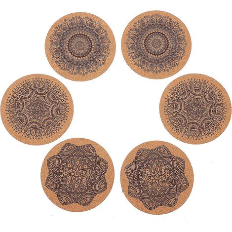 Lot de 6 dessous de verre ronds en liège à motif mandala (couleurs assorties)-10X10X0.5cm (1/3)