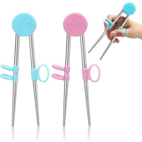 2 Paar wiederverwendbare Essstäbchen aus Edelstahl für Kinder und Erwachsene (blau, rosa) (1/5)