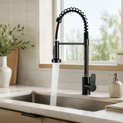 Mitigeur de cuisine avec douchette extractible, robinet d'évier à ressort hélicoïdal, pivotant à 360° et 2 modes de jet, et acier inoxydable, Noir (1/5)