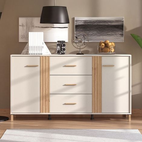 Aparador Frisanco, mueble 2 estantes, 3 cajones, 2 puertas, 164x40x90h cm blanco crema (1/5)
