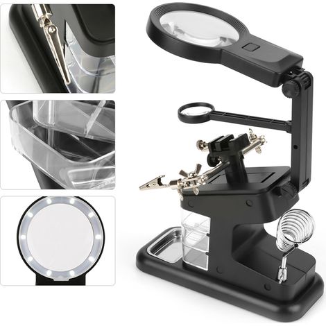 Station de soudage USB fer à souder électrique avec loupe 3X/4,5X/25X, éclairage LED et pinces de maintien pour circuit imprimé (Noir) (1/5)