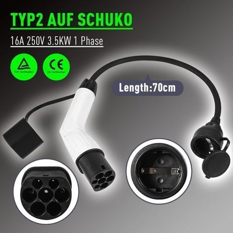 Typ-2-auf-Schuko-Adapter – 16 A, 3,5 kW, 0,5 m, 230-V-Ladebuchse – Für Elektrofahrzeuge und -roller (1/4)