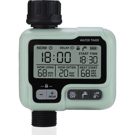 Temporizador de riego automático, controlador de riego por goteo, resistente al agua y apto para exteriores, múltiples modos, riego para jardín, granja, césped y flores. (1/5)