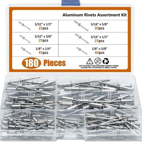 Assortiment de 180 rivets aveugles à tête bombée en aluminium Corps en aluminium 6 tailles