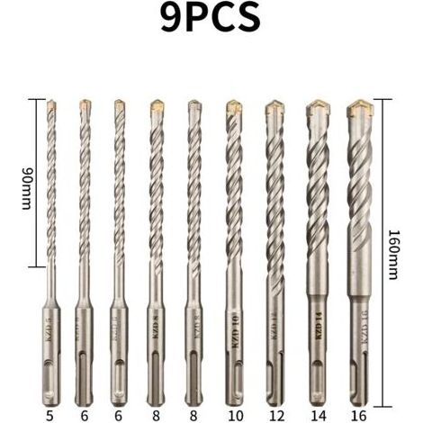 Forets à béton, 9 pièces (5 mm 16 x 160 mm), foret à percussion électrique SDS-Plus pour perceuse à percussion, forets croisés pour brique, pierre, naturel, métal (1/4)