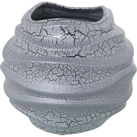 Vase de Table en céramique Gris craquelé et Argent 26 x 23 cm, Bouche 14 x 14 cm