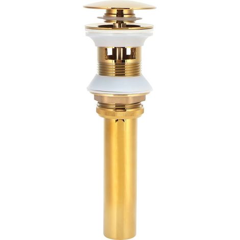 Scarico per acque reflue del bagno in ottone dorato spazzolato, tappo moderno a pressione con chiusura a scatto e foro di troppo pieno. (1/5)