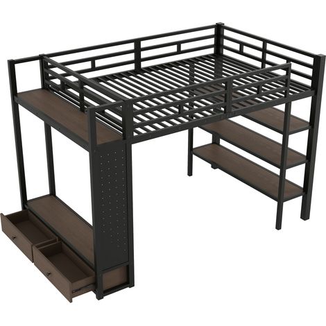 Structure de lit mezzanine 140x200 avec dressing ouvert, lit mezzanine en métal avec étagères de rangement, panneau perforé et éclairage LED, noir. (1/5)