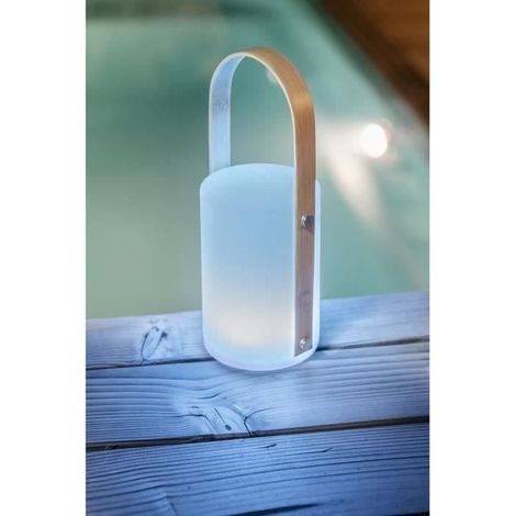 Lanterne portable rechargeable par USB avec anse en bambou. Lumière blanche, bleue, jaune...au choix (1/5)
