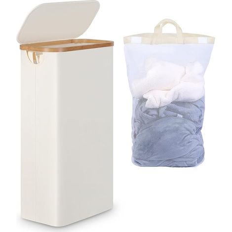 Panier à Linge étroit 63L, Panier à Linge Mince avec Couvercle, Beige Bac à Linge Pliable avec Poignées en Bambou et sac Amovible pour Chambre, Salle de Bain, Buanderie