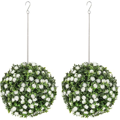 Set of 2 Decorative Artificial Plants, UV-protected Artificial Plant Topiary Rose Balls, Fake Plants  Home Indoor outdoor Decor, 28cm, White (1/5)