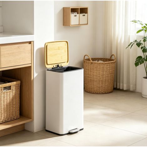 Papelera con pedal 20 L 29,5x29,5x56,8 cm metal blanco y tapa de bambú – MEUBLIV (1/5)