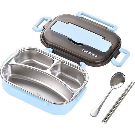 Bento-Lunchbox, Kinder-Lunchbox mit Besteckset, 3-Fächer-Lunchbox, mikrowellen- und spülmaschinengeeignet, Blau (1/4)