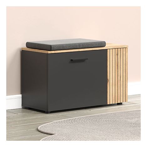 Ebuy24 – Banc à chaussures 2 portes en panneaux mélaminés – Décor chêne et anthracite – Dimensions 80x36x48 cm – Meuble bas multifonction (1/5)