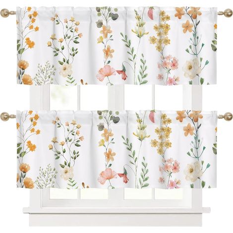 Lot de 2 rideaux de cuisine, courts, motif floral, pour petites fenêtres, porte de balcon, chambre à coucher (1/5)